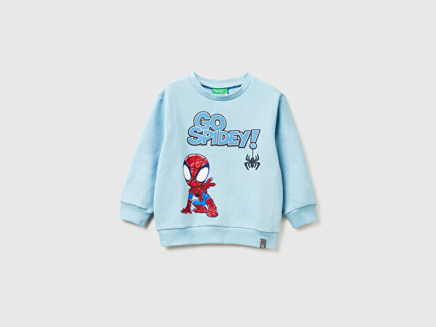 Benetton Erkek Bebek Açık Mavi Spiderman Baskılı Logo Etiketli Kabartmalı  Nervürlü Sweatshirt