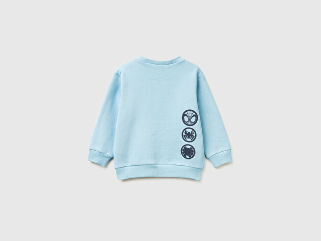 Benetton Erkek Bebek Açık Mavi Spiderman Baskılı Logo Etiketli Kabartmalı  Nervürlü Sweatshirt