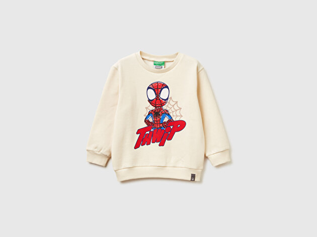 Benetton Erkek Bebek Krem Spiderman Baskılı Logo Etiketli Kabartmalı  Nervürlü Sweatshirt