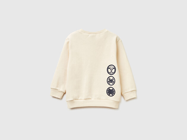 Benetton Erkek Bebek Krem Spiderman Baskılı Logo Etiketli Kabartmalı  Nervürlü Sweatshirt