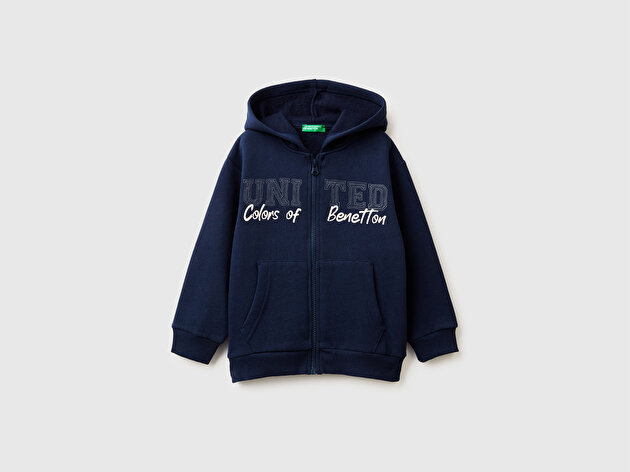 Benetton Erkek Bebek Lacivert Önü Logo Baskılı Fermuarlı Regular Fit Kapüşonlu Sweatshirt