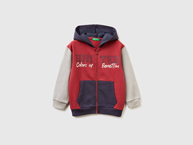 Benetton Erkek Bebek Bordo-Gri Önü Logo Baskılı Fermuarlı Regular Fit Kapüşonlu Sweatshirt