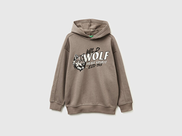 Benetton Erkek Çocuk Haki Kahve Önü Baskılı Düşük Omuzlu Kapüşonlu Sweatshirt
