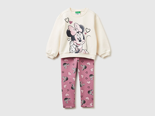 Benetton Kız Bebek Ekru Mix Önü Baskılı Sweatshirt ve Tamamı Desenli Pantolon Takım