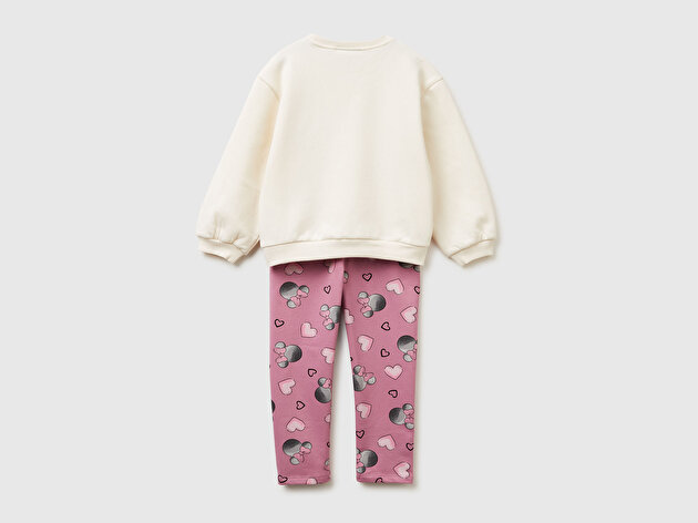 Benetton Kız Bebek Ekru Mix Önü Baskılı Sweatshirt ve Tamamı Desenli Pantolon Takım