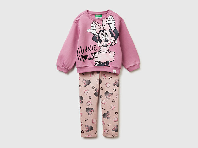 Benetton Kız Bebek Pembe Mix Önü Baskılı Sweatshirt ve Tamamı Desenli Pantolon Takım