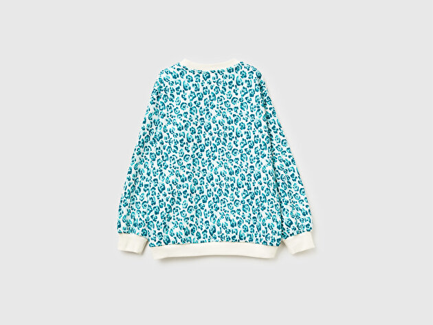 Benetton Kız Çocuk Mint Yeşili Tamamı Baskılı Logo Etiketi Detaylı Yırtmaçlı Sweatshirt