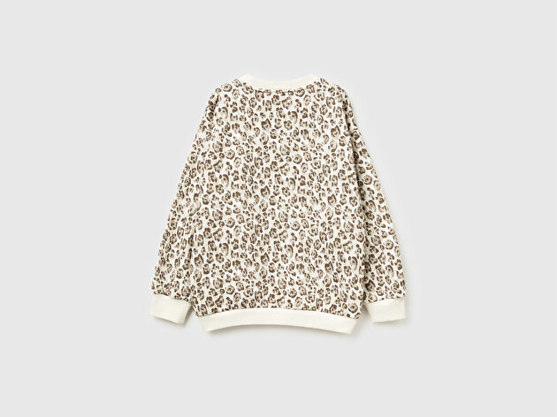 Benetton Kız Çocuk Bej Tamamı Baskılı Logo Etiketi Detaylı Yırtmaçlı Sweatshirt