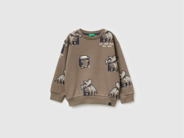 Benetton Erkek Bebek Kahverengi Baskılı Ribanalı Bisiklet Yaka Regular Fit Sweatshirt