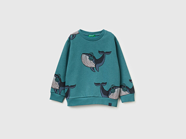 Benetton Erkek Bebek Gri Mix Baskılı Ribanalı Bisiklet Yaka Regular Fit Sweatshirt
