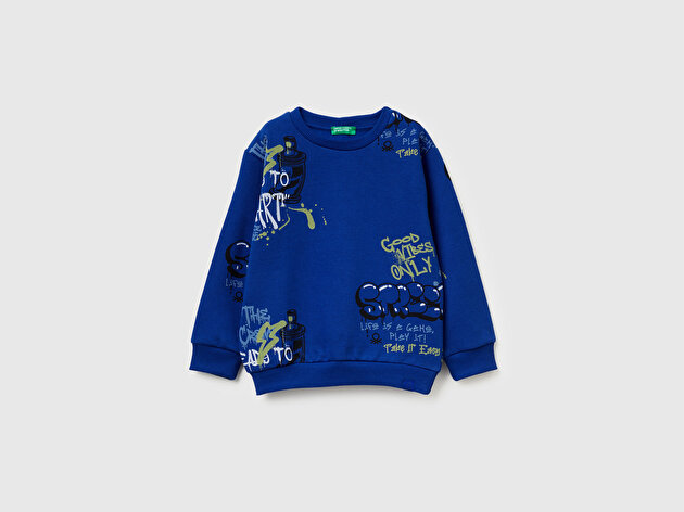 Benetton Erkek Bebek Saks Mavisi Baskılı Ribanalı Bisiklet Yaka Regular Fit Sweatshirt