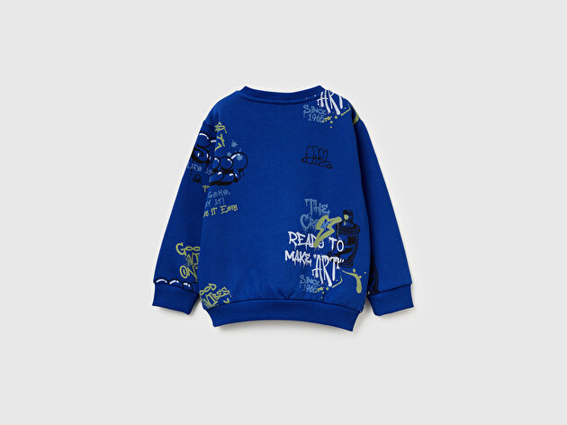 Benetton Erkek Bebek Saks Mavisi Baskılı Ribanalı Bisiklet Yaka Regular Fit Sweatshirt