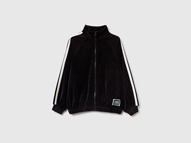 Benetton Kız Çocuk Siyah Logo Etiketli Fermuarlı Reglan Kol Dik Yaka Sweatshirt