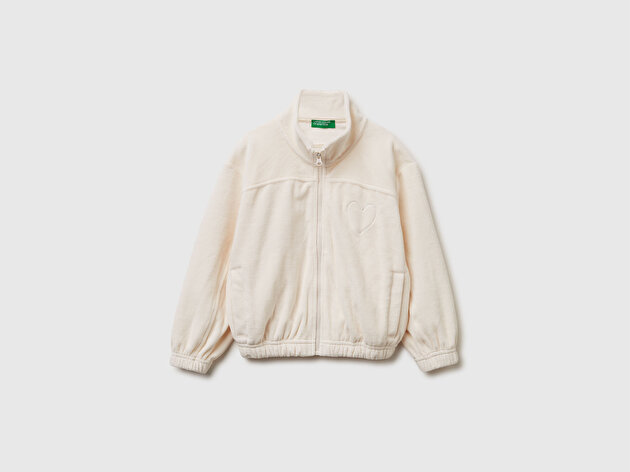 Benetton Kız Bebek Ekru Göğüs Baskılı Logo Etiketli Fermuarlı Yan Cepli Sweatshirt