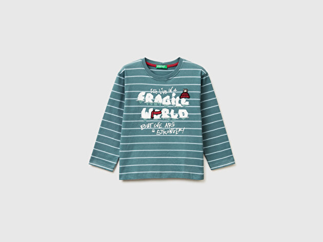 Benetton Erkek Bebek Gri Çizgili Önü Baskılı Jarse Uzun Kollu T-shirt