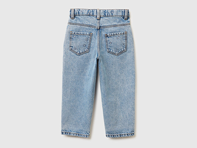 Benetton Kız Bebek Açık Mavi Simli Bel İşlemeli Ayarlanabilir Bel Denim Pantolon