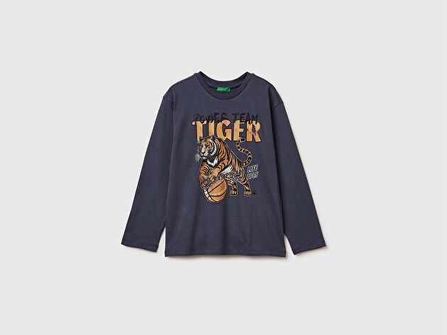 Benetton Erkek Çocuk Koyu Gri Baskılı Bisiklet Yaka Uzun Kollu T-shirt