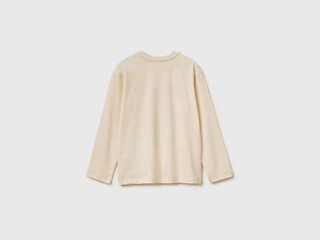 Benetton Erkek Çocuk Krem Baskılı Jarse Bisiklet Yaka Uzun Kollu T-shirt