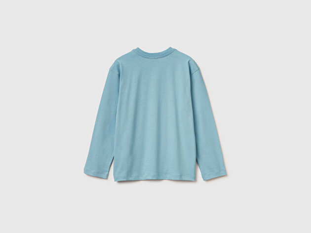 Benetton Erkek Çocuk Açık Mavi Baskılı Jarse Bisiklet Yaka Uzun Kollu T-shirt