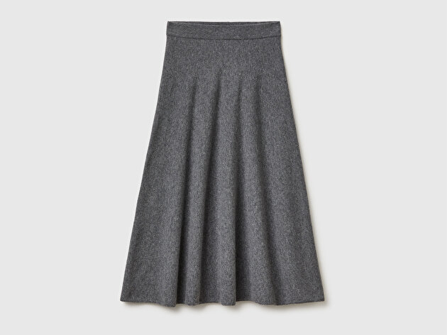 Benetton Kadın Antrasit Melanj Yün Karışımlı Pileli Midi Triko Etek