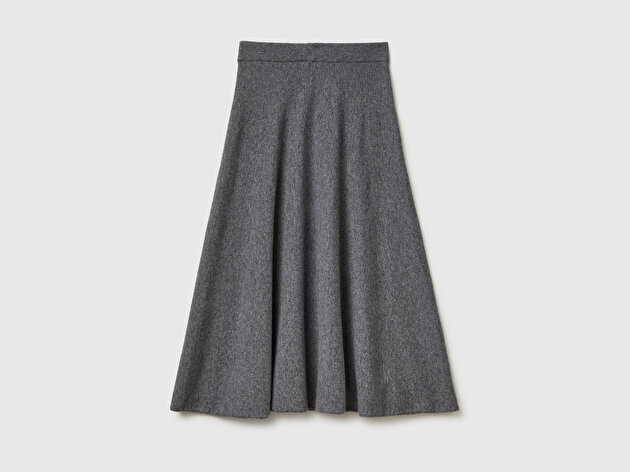 Benetton Kadın Antrasit Melanj Yün Karışımlı Pileli Midi Triko Etek