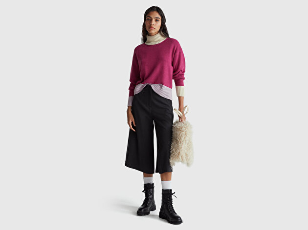 Benetton Kadın Koyu Pembe Akrilik ve Yün Karışımlı Çok Renkli Balıkçı Yaka Kazak