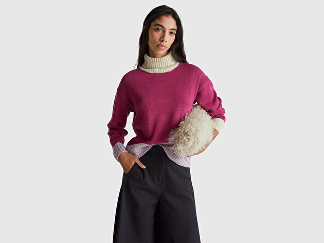 Benetton Kadın Koyu Pembe Akrilik ve Yün Karışımlı Çok Renkli Balıkçı Yaka Kazak