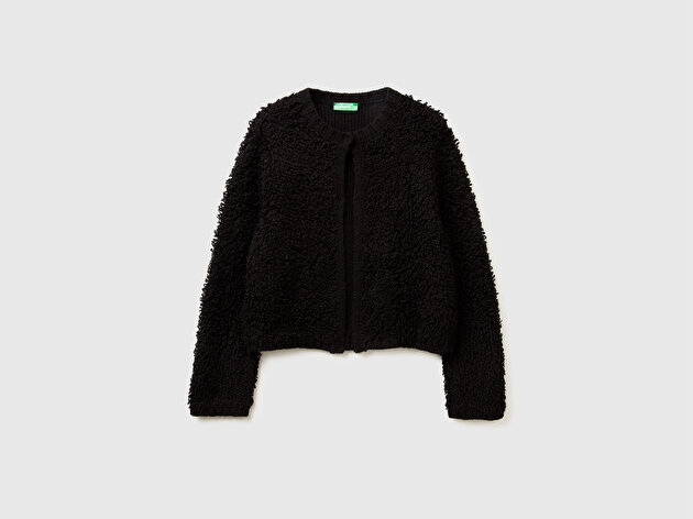 Benetton Kadın Siyah Akrilik ve Yün Karışımlı Düğmeli Hırka