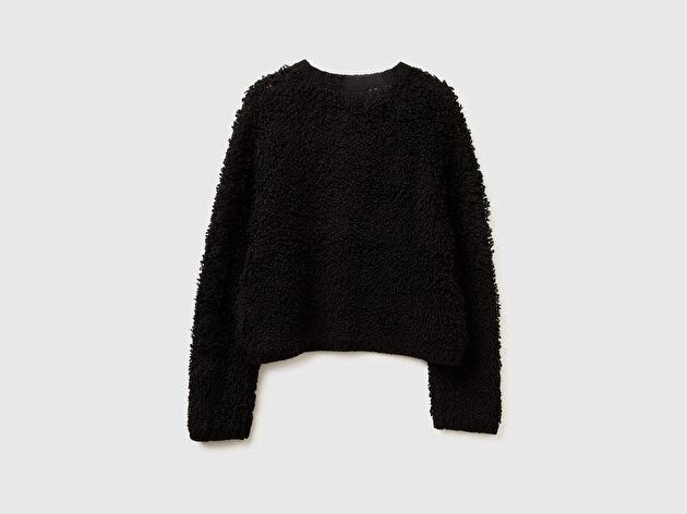 Benetton Kadın Siyah Akrilik ve Yün Karışımlı Düğmeli Hırka