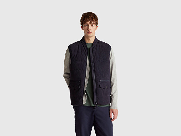 Benetton Erkek Lacivert Kapitone Fermuarlı Kapaklı Cepli Kadife Yelek