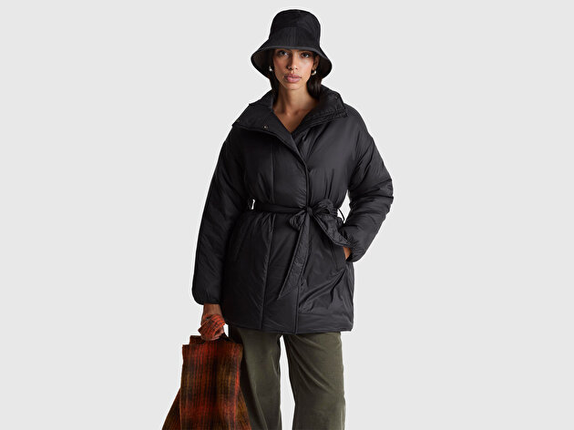 Benetton Kadın Siyah Beli Bağlamalı Cepli Dik Yaka Mont