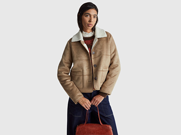 Benetton Kadın Taba Kürk Detaylı Cepli Önü Düğmeli Mont