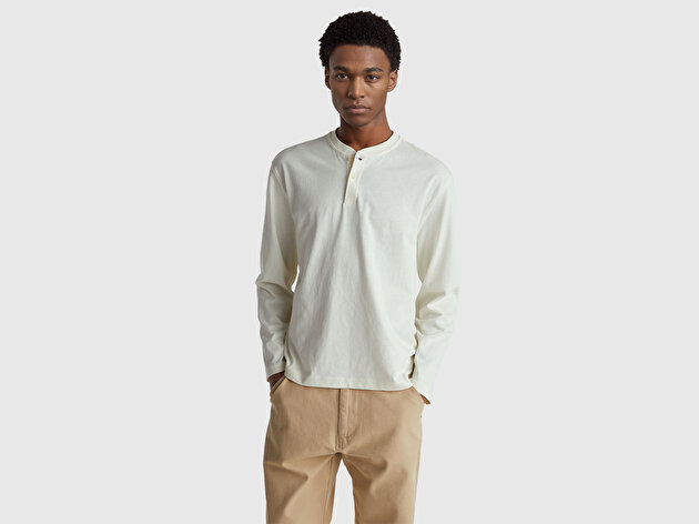 Benetton Erkek Krem %100 Pamuk Önü Düğme Detaylı Bisiklet Yaka Uzun Kollu T-Shirt