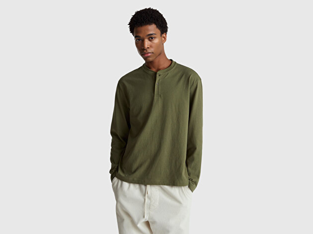 Benetton Erkek Haki Yeşilli %100 Pamuk Önü Düğme Detaylı Bisiklet Yaka Uzun Kollu T-Shirt