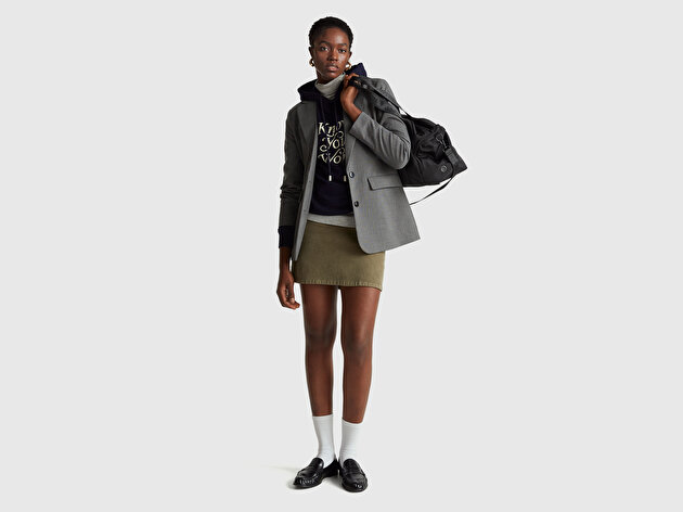 Benetton Kadın Lacivert Pamuk Karışımlı Önü Yazı Baskılı Kapüşonlu Sweatshirt