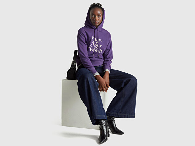 Benetton Kadın Mor Pamuk Karışımlı Önü Yazı Baskılı Kapüşonlu Sweatshirt