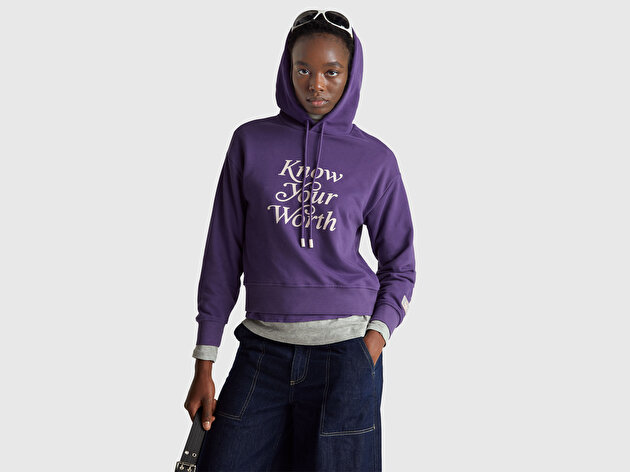 Benetton Kadın Mor Pamuk Karışımlı Önü Yazı Baskılı Kapüşonlu Sweatshirt