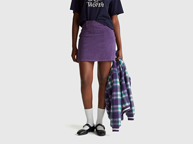 Benetton Kadın Mor Pamuk Karışımlı Yandan Fermuarlı Kadife Mini Etek