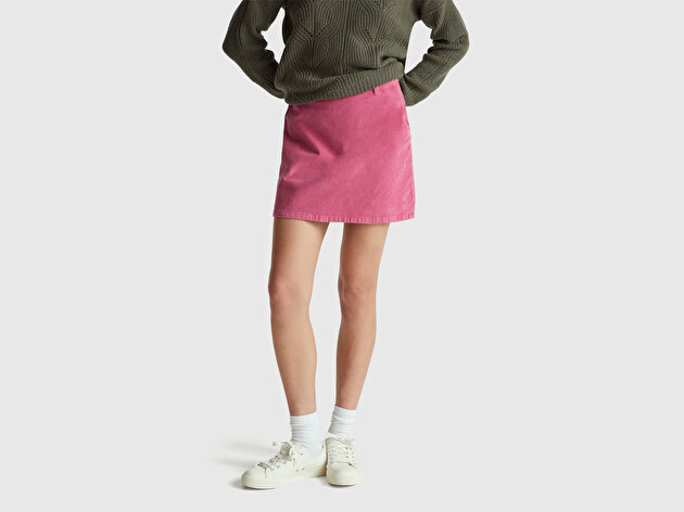 Benetton Kadın Koyu Pembe Pamuk Karışımlı Yandan Fermuarlı Kadife Mini Etek