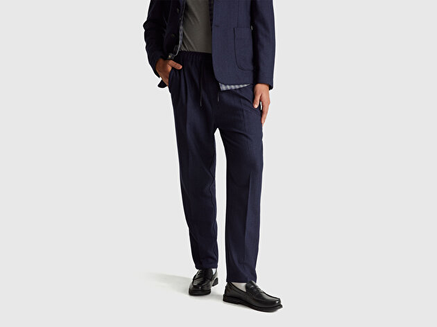 Benetton Erkek Antrasit Yün ve Akrilik Karışımlı Beli Lastikli Bağcıklı Pantolon