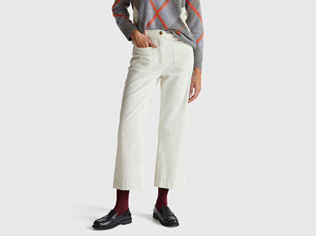 Benetton Kadın Krem %100 Pamuk Önü Yama Cepli Düz Paça Pantolon