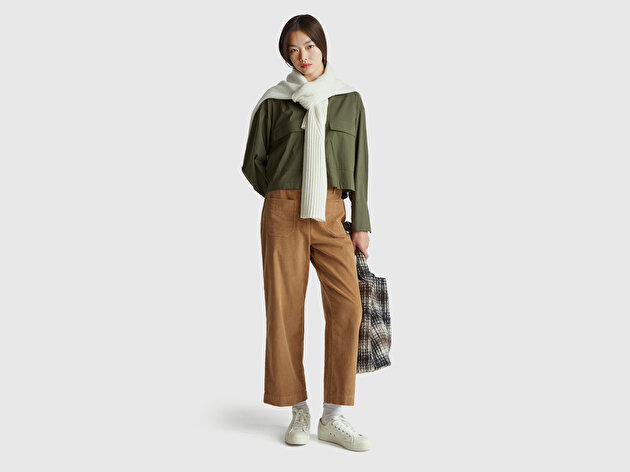 Benetton Kadın Taba %100 Pamuk Önü Yama Cepli Düz Paça Pantolon