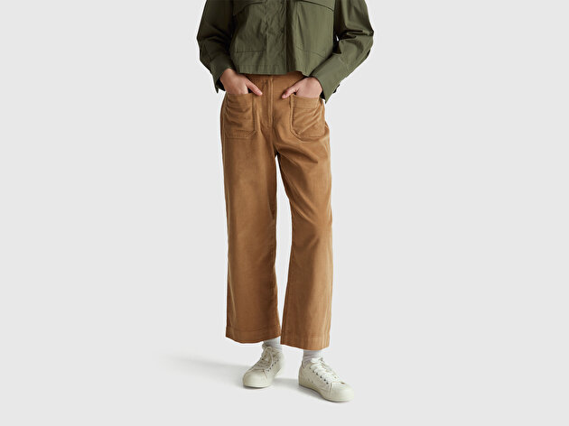 Benetton Kadın Taba %100 Pamuk Önü Yama Cepli Düz Paça Pantolon