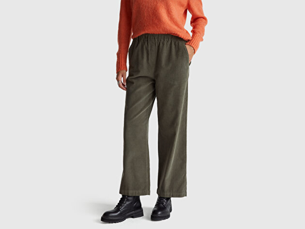 Benetton Kadın Haki %100 Pamuk Beli Lastikli Wide Leg Kadife Pantolon