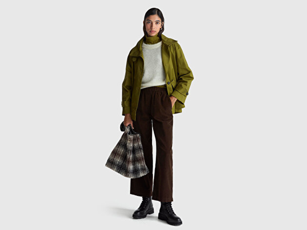 Benetton Kadın Koyu Kahverengi %100 Pamuk Beli Lastikli Wide Leg Kadife Pantolon