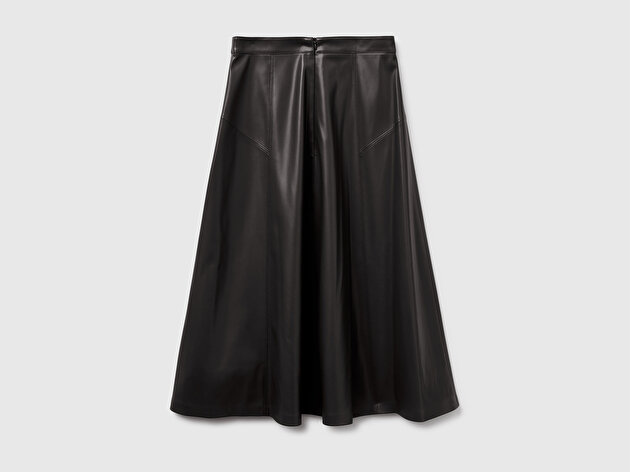 Benetton Kadın Siyah Yırtmaçlı Görünmez Fermuarlı Uzun Kloş Etek