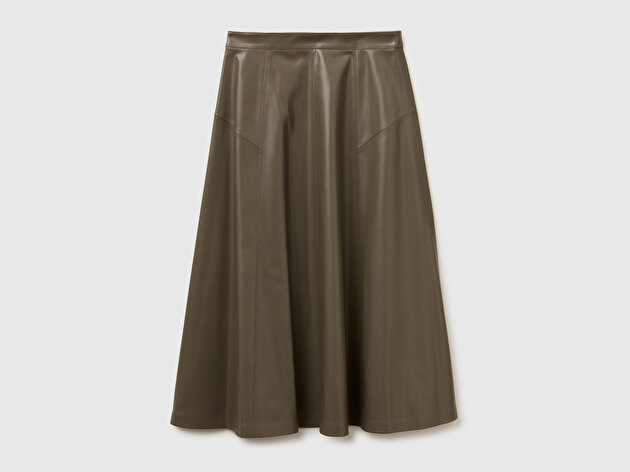 Benetton Kadın Haki Yırtmaçlı Görünmez Fermuarlı Uzun Kloş Etek