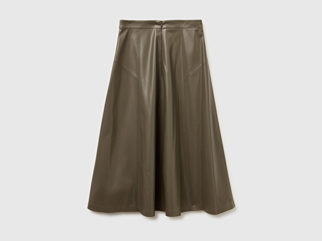 Benetton Kadın Haki Yırtmaçlı Görünmez Fermuarlı Uzun Kloş Etek