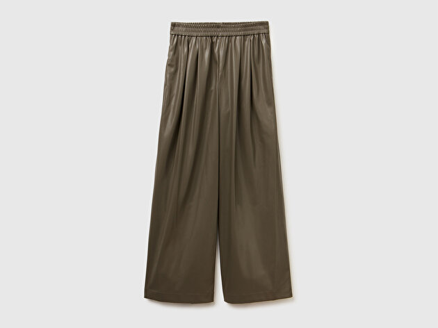 Benetton Kadın Haki Beli Lastikli Büzgülü Geniş Paça Pantolon