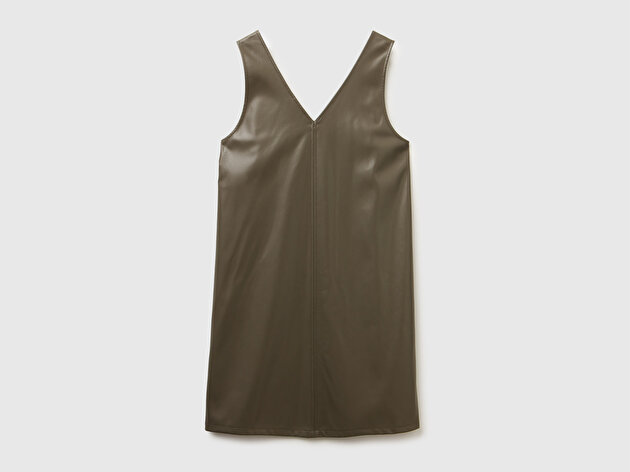 Benetton Kadın Haki Önü ve Arkası V Yaka Eco Deri Elbise